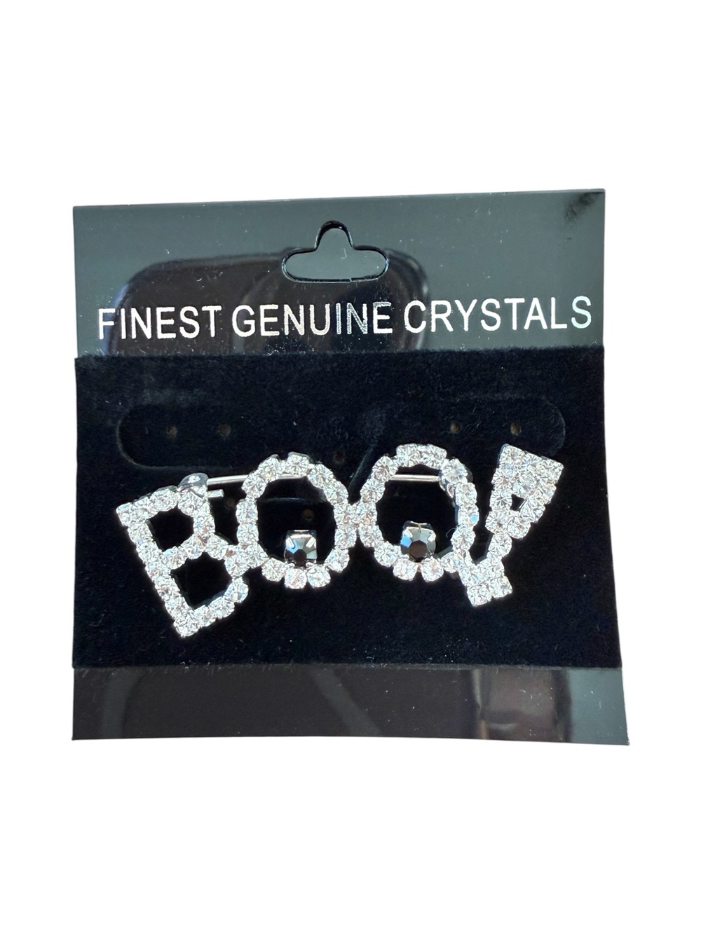 Vintage BOO Halloween Brooch Crystal Rhinestone Silver Tone Spooky Cute Pin